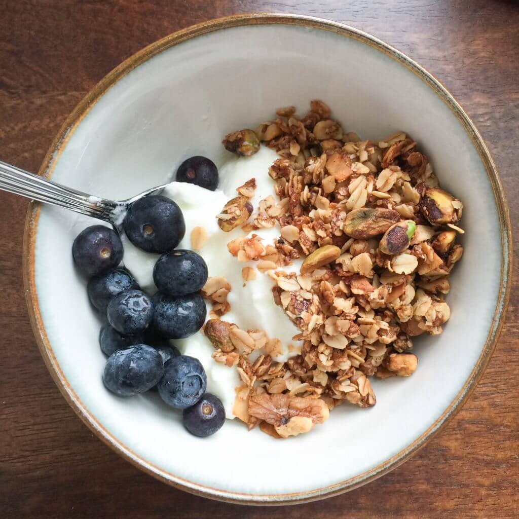 brown butter granola with coconut and blue berries