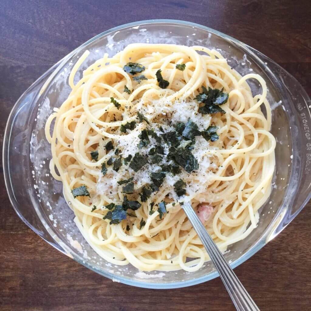 Mentaiko Pasta with Cream, Shiso, and Nori - All Day I Eat - like a shark