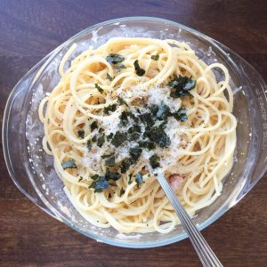 mentaiko pasta with nori on top - top view