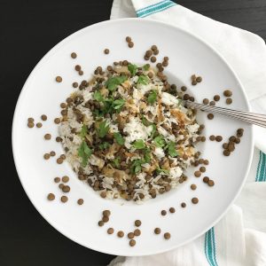 Mujaddara with Lentils, Rice, Fried Onions & Spiced Yogurt top view