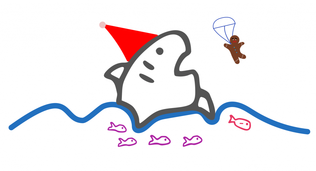 A drawing of a shark with a santa hat.