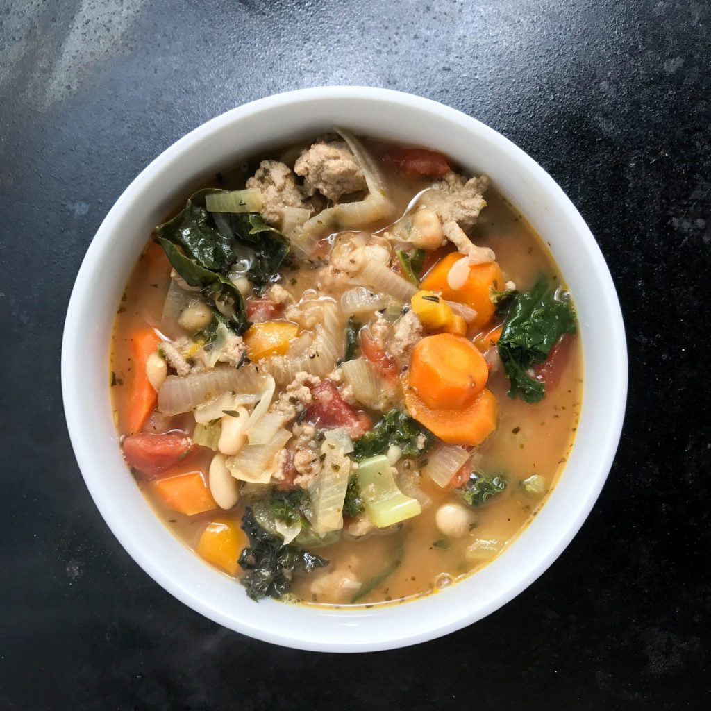 White Bean Soup with Turkey, Kale, and Herbes de Provence top view