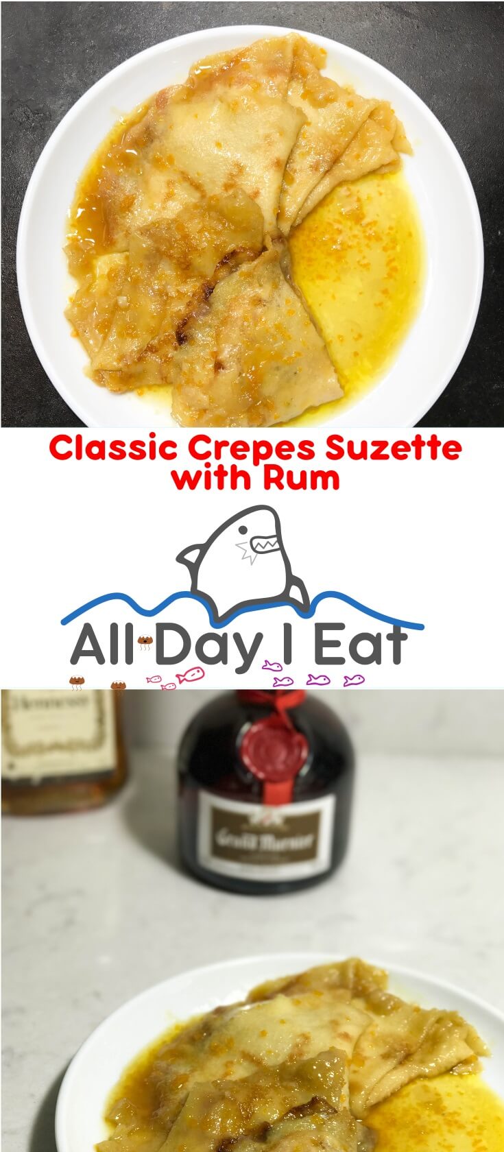 Classic Crepes Suzette with Rum. A rich, delicate, and boozy dessert with a strong orange aroma. Sure to please and impress!!