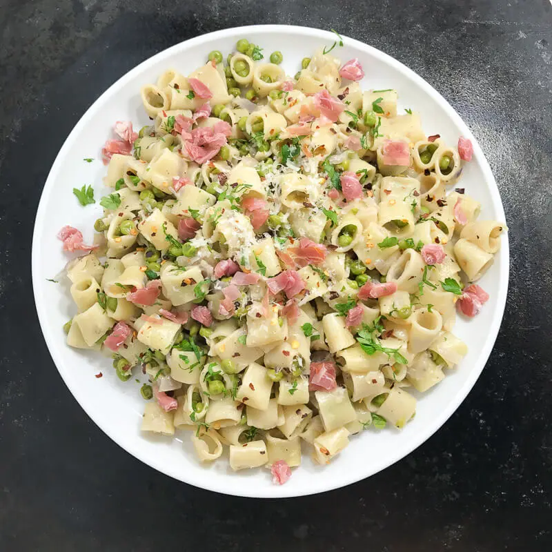 Ditali Lisci (Pasta) with Prosciutto and Peas - all day i eat like a shark