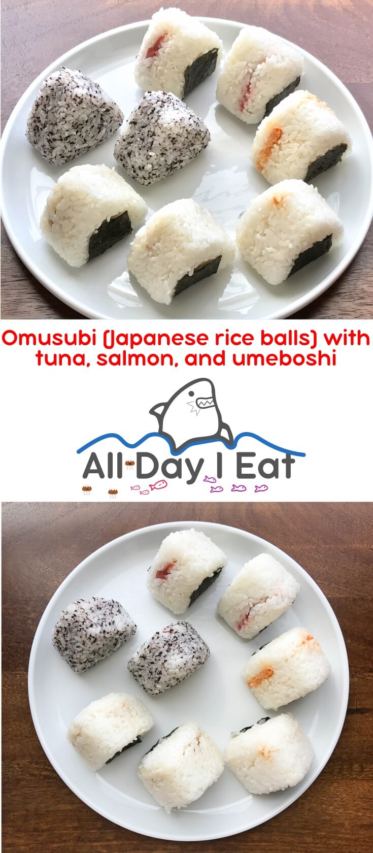 Omusubi are Japanese rice balls filled with savory things like tuna with mayonnaise, beef, salted salmon, mentaiko and umeboshi. A delicious snack that fits in the palm of your hand! | www.alldayieat.com