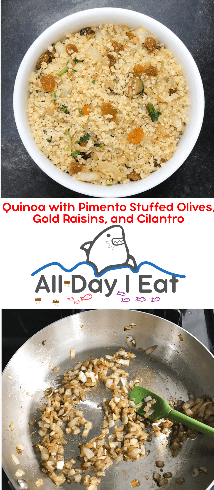 Quinoa with Pimento Stuffed Olives, Gold Raisins, and Cilantro works like magic to weave an unlikely mix of ingredients in colorful and tasty way. When's the last time you had gold raisins with olives and cilantro? Sounds a little unusual, but I'm telling you!! If I jumped off the bridge into this bed of quinoa, so should you!!