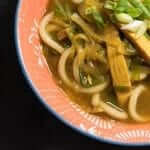 A bowl of curry udon with chicken and green onions.