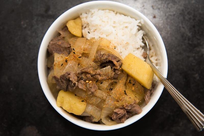 Nikujaga Japanese Meat & Potato Stew with rice top view