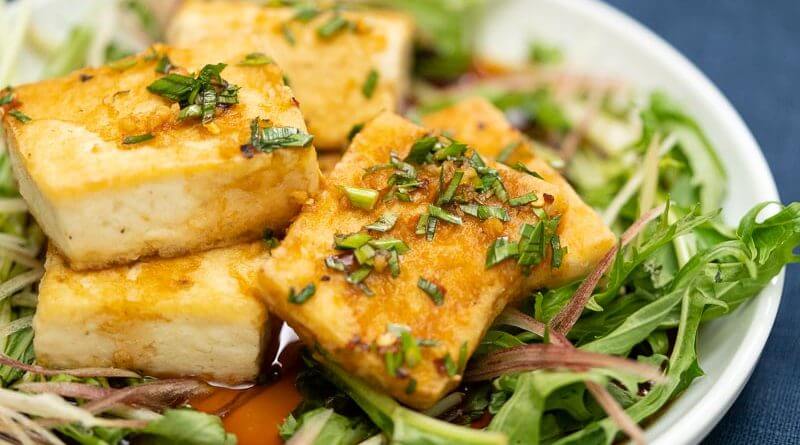 Tofu on a plate with greens and sauce.