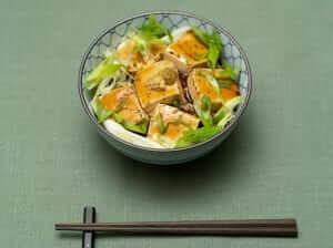 tofu donburi with dashi ankake sauce and green onions