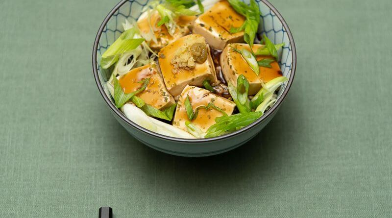 tofu donburi with dashi ankake sauce and green onions