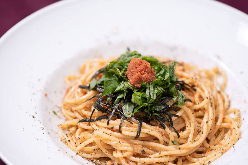 Creamy Mentaiko Spaghetti with cream, butter and soy sauce side