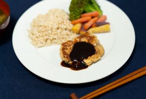 japanese hamburger steak with tofu okara and shiitake with sauce