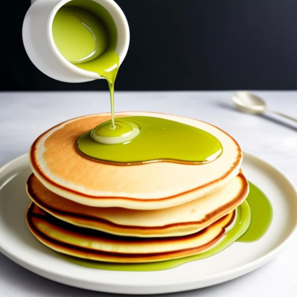 A stack of pancakes is being drizzled with matcha syrup.