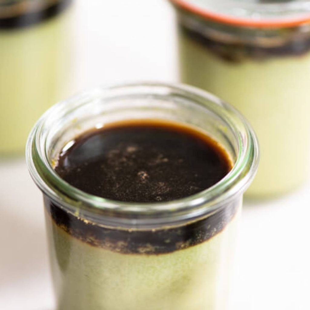 Matcha Purin ((Japanese style custard pudding with matcha tea)