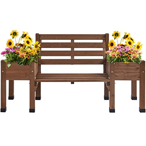 Yaheetech 74x38x23in Raised Garden Bed with 2 Side Elevated Planter Boxes, Raised Plant Container with Seat for Garden, Patio, Backyard, 