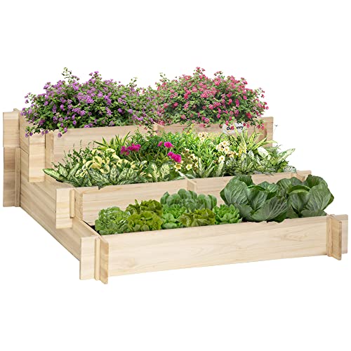 Outsunny 3-Tier Raised Garden Bed with 5 Compartments and Bed Liner, Elevated Wooded Wooden Planter Kit, for Vegetables, Herbs, Outdoor Plants