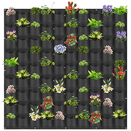 Hanging Planting Grow Bags, 90 Pockets Hanging Vertical Wall Planter Wall Mounted Grow Bag Outdoor Indoor Gardening Vertical Greening Flower Container, Planting Bags Storage Bags(1.1 m × 1.1 m, Black)