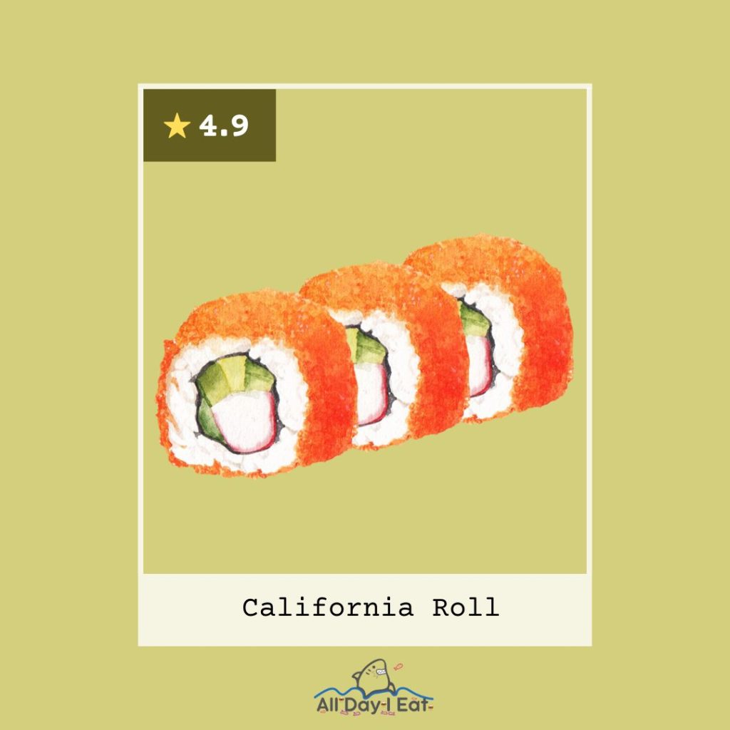 Sushi invented: California roll on a yellow background.