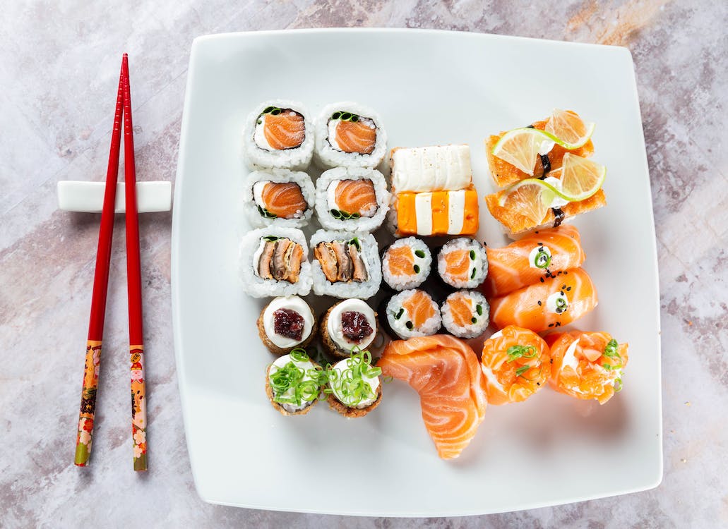 Japanese sushi on a plate.