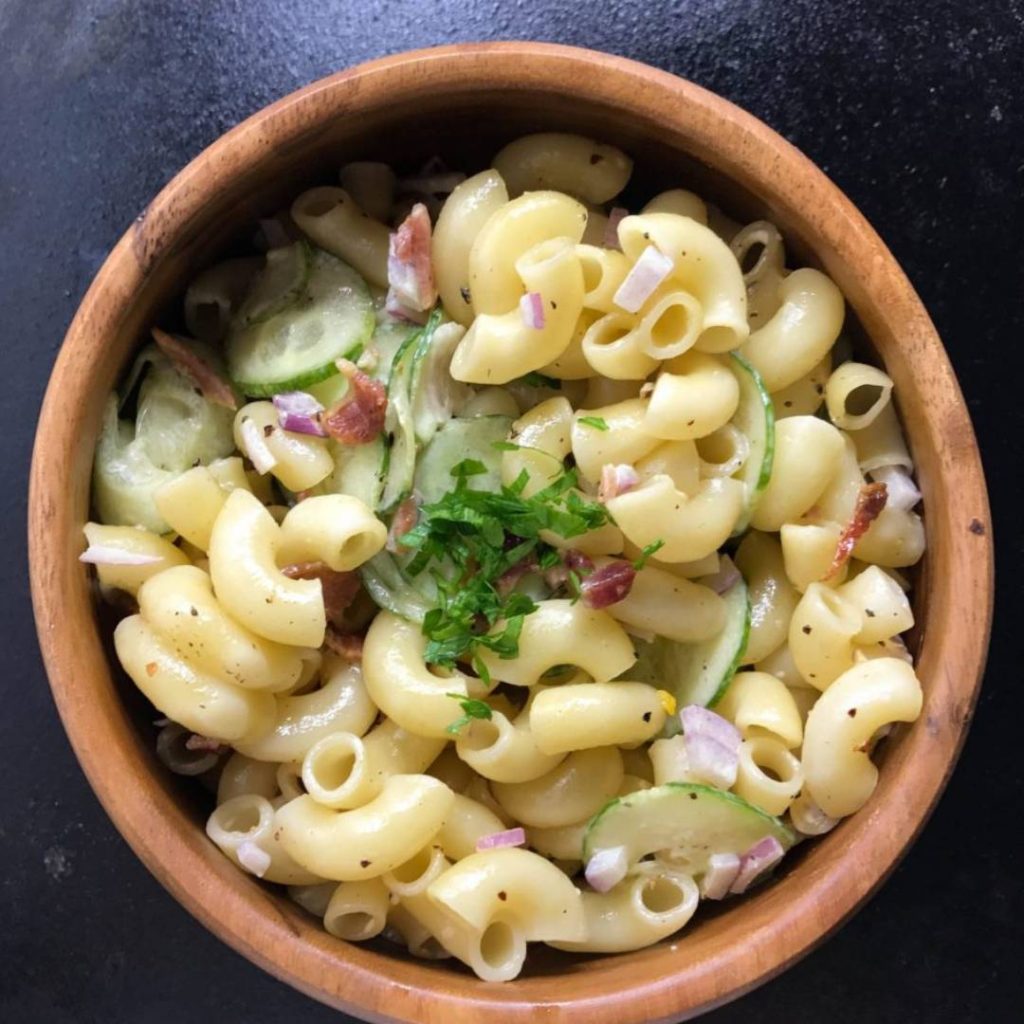 Japanese Style Macaroni Salad with Bacon, Cucumber, and Red Onion