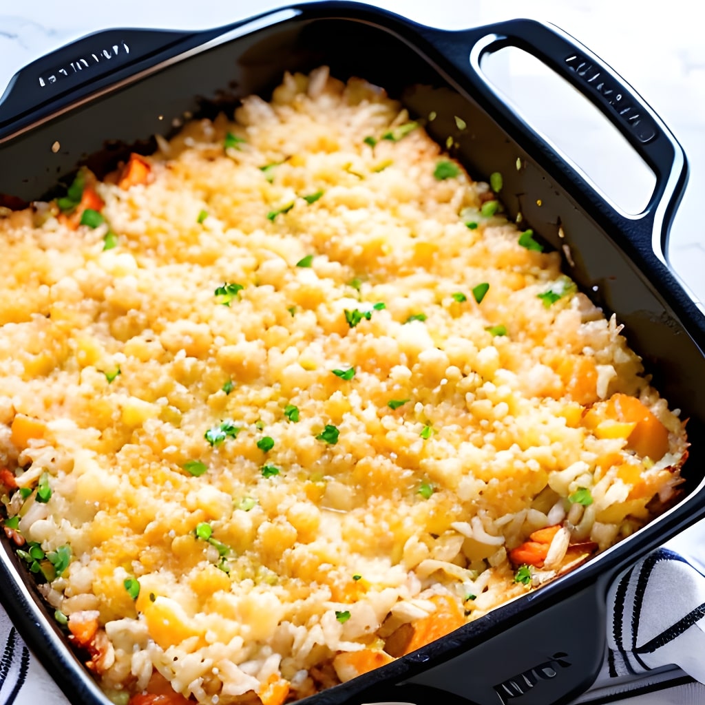 A Sushi Bake casserole dish filled with rice and vegetables.