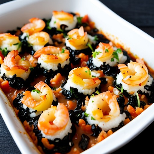 A Sushi Bake dish with shrimp and rice.