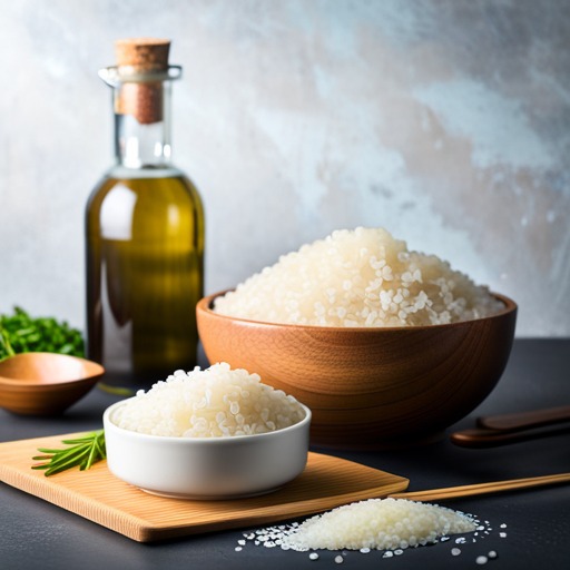 Sushi Bake with rice, olive oil and rosemary on a table.