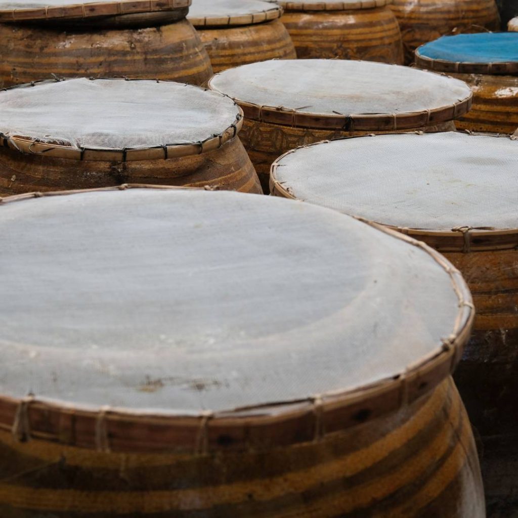 fermentation of miso paste in a barrel