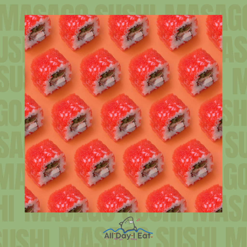 An image of masago sushi on an orange background.