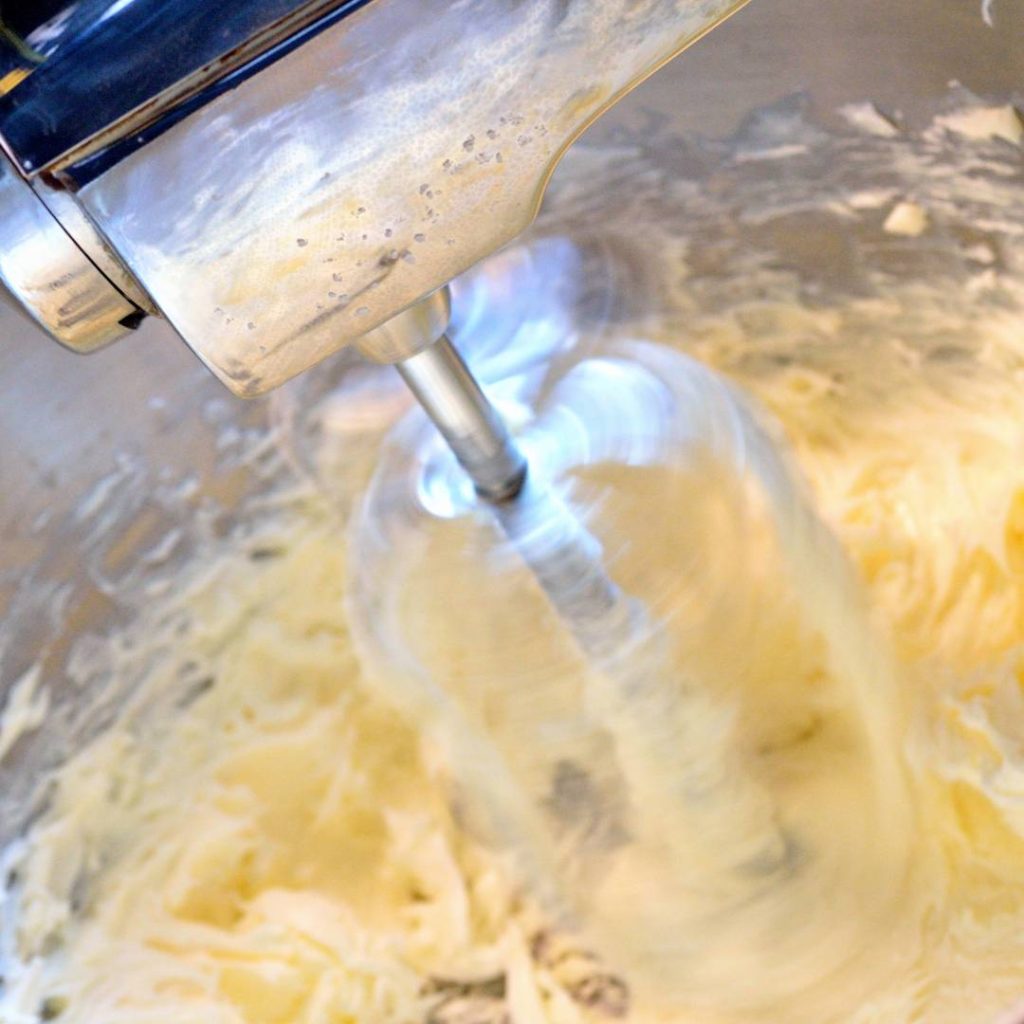 mixing batter in a stand mixer