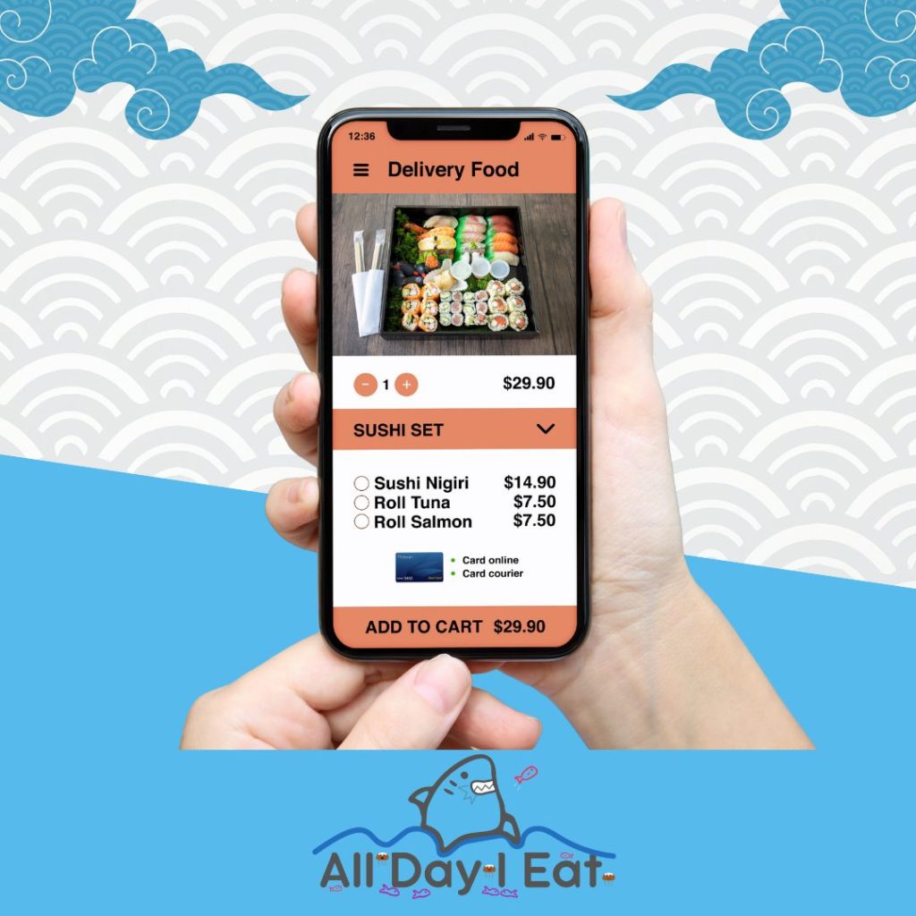 A person is holding up a phone with the word alldayeat on it, featuring pieces of sushi in a roll.