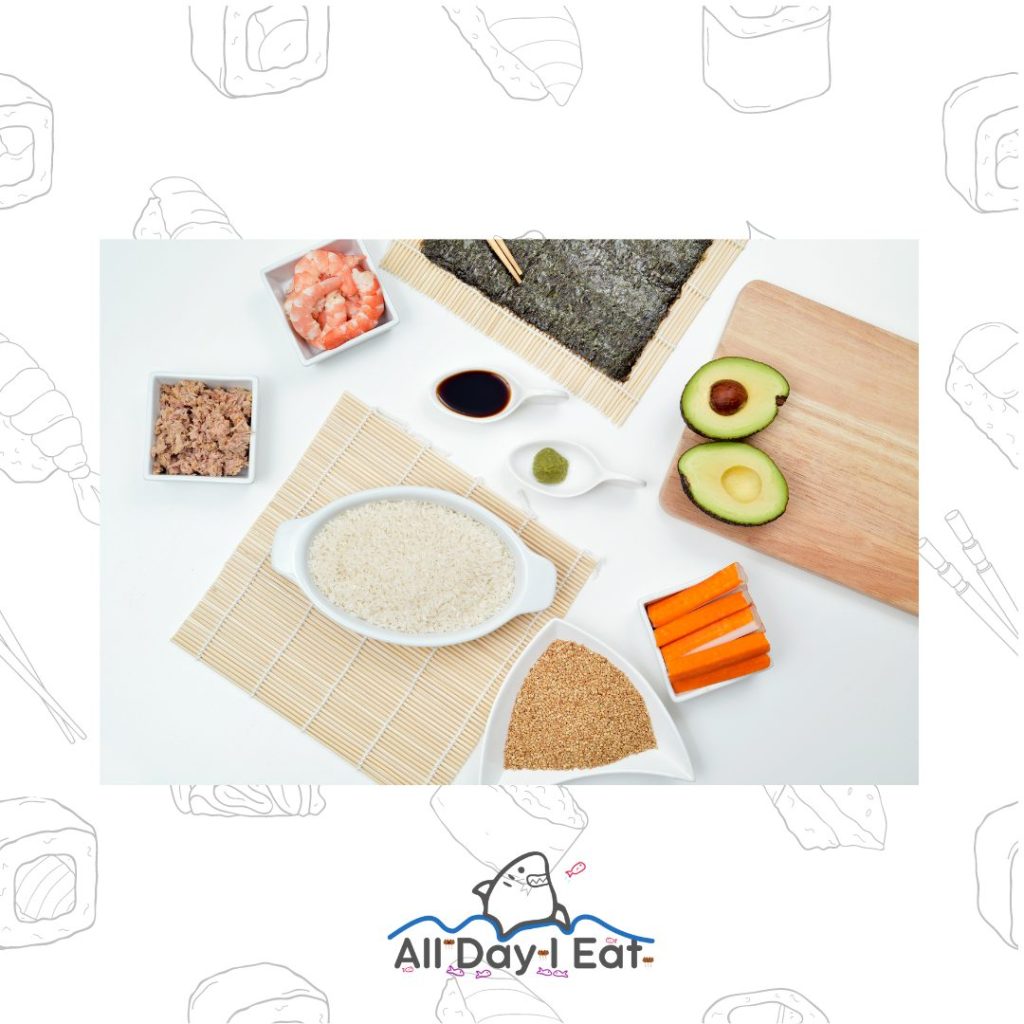 Seasoning sushi rice. The image shows various sushi ingredients.