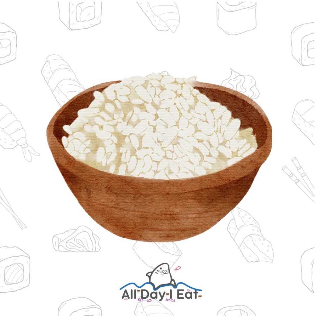 A bowl of sushi rice on a white background.