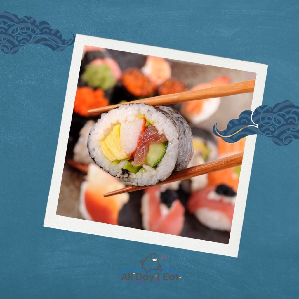 A photo of sushi with chopsticks on a blue background, highlighting its Asian roots.