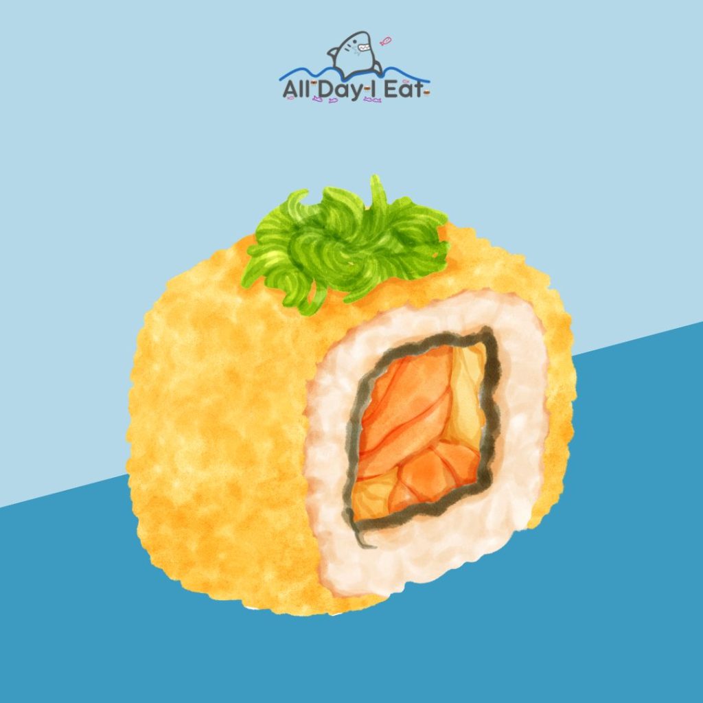 An illustration of a sushi roll on a blue background.