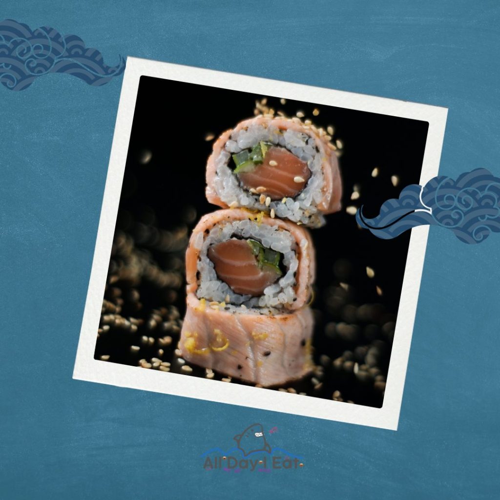 A photo of a sushi roll on a blue background.