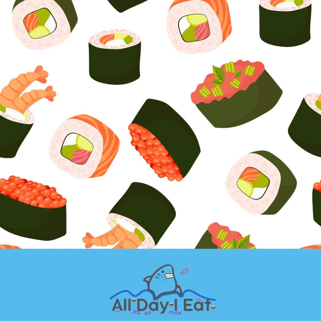 The image shows a variety of sushi rolls.