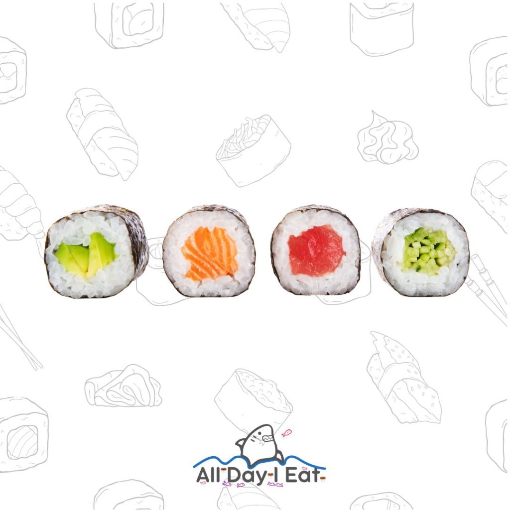 Sushi rice in a rice cooker. Types of sushi rice. The image shows various types of sushi.