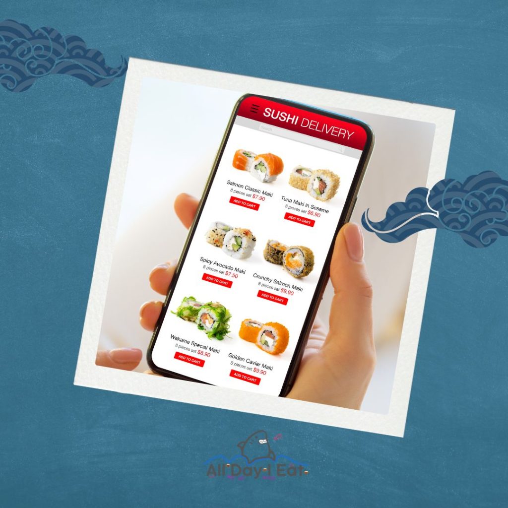 A person is holding up a phone with a sushi menu on it.