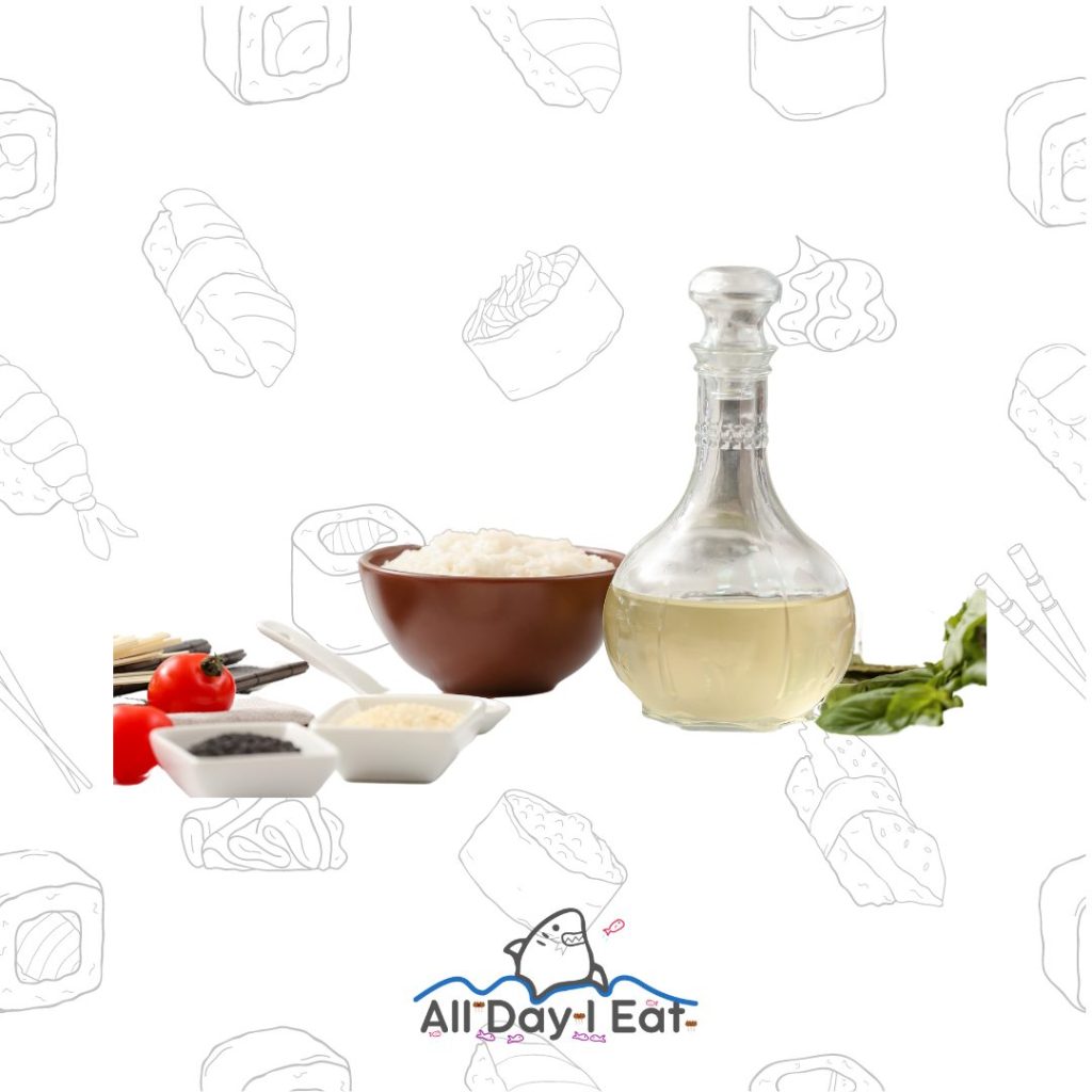 How to make sushi vinegar. Image shows a rice bowl beside a vinegar bottle and other condiments.