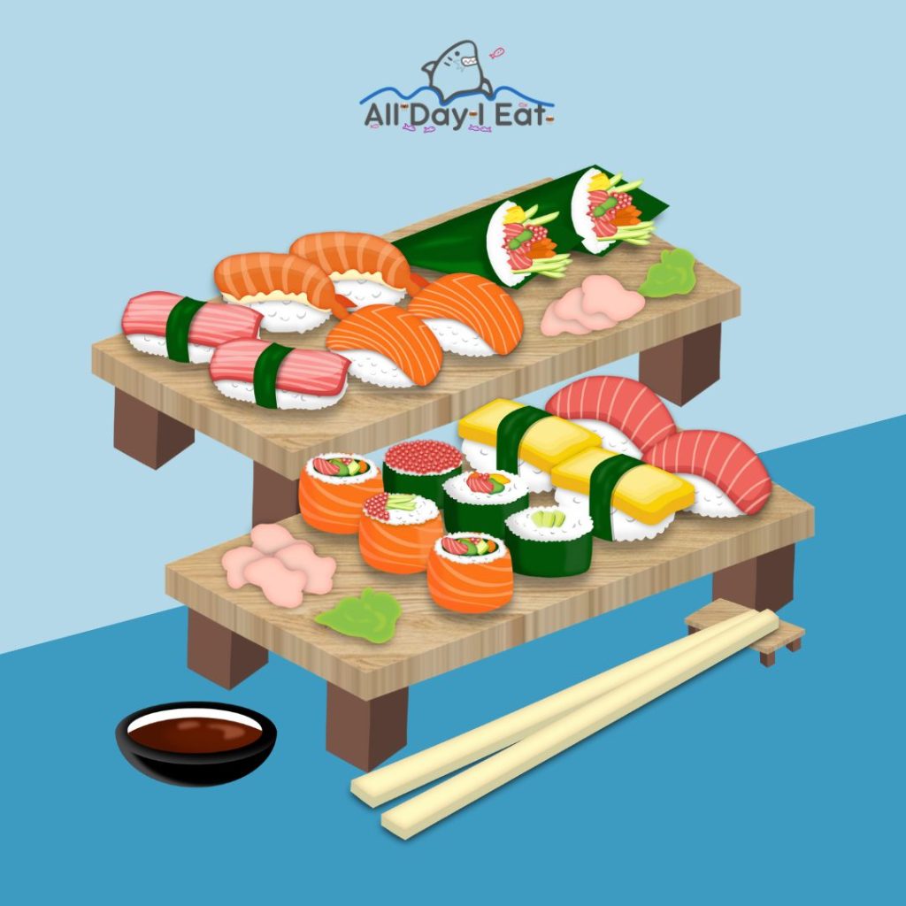 A tray of sushi and chopsticks on a blue background, showcasing seafood delicacies.