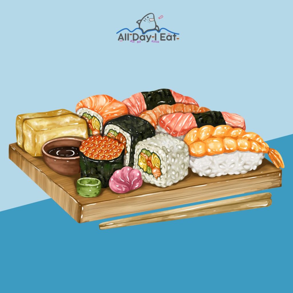 A tray of sushi and chopsticks on a blue background, highlighting seafood.