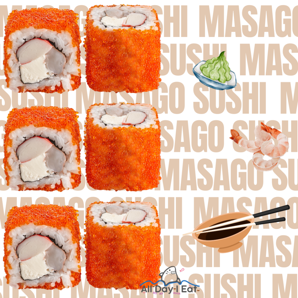 A masago sushi roll is shown on a black background.