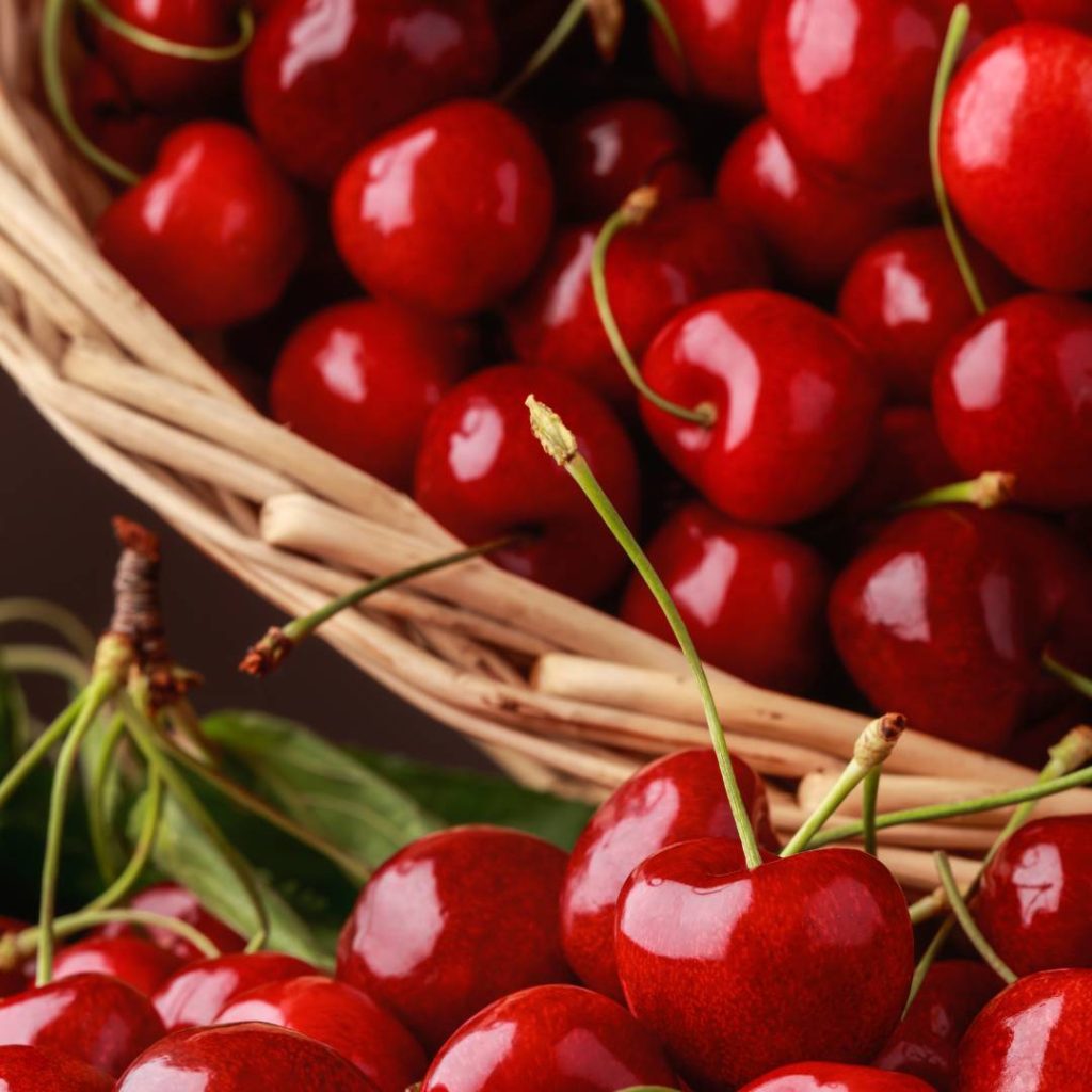 A bunch of cherries from Hokkaido in a basket on a table.