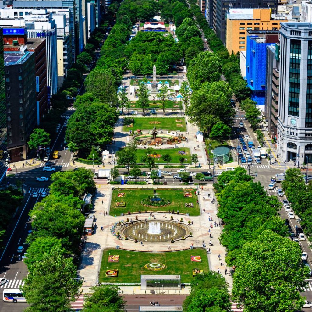 An aerial view of a odori park in Hokkaido.