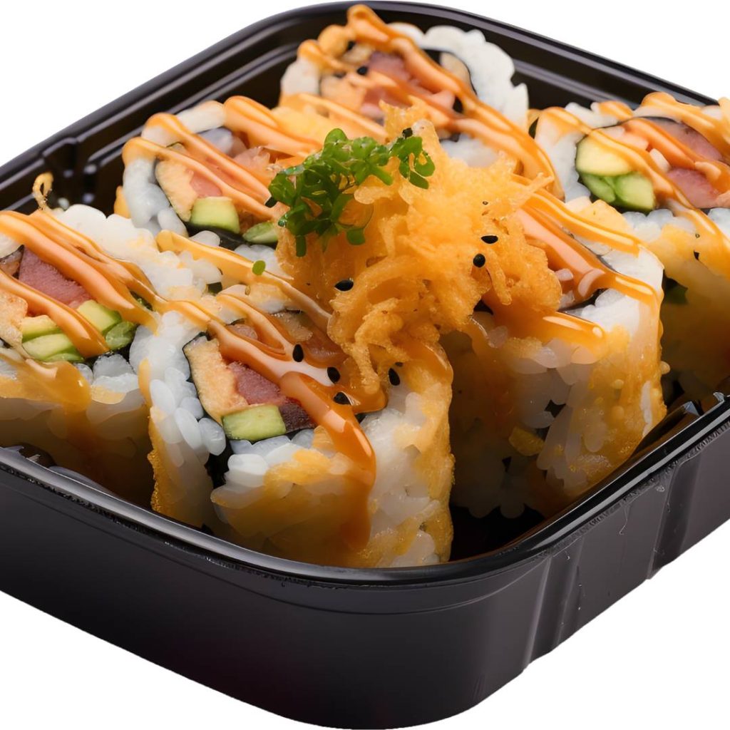 Japanese sushi rice in a black container on a white background.