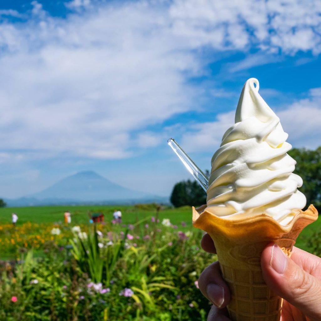 A hand holding a Hokkaido-style ice cream cone in front of a field with a mountain in the background.