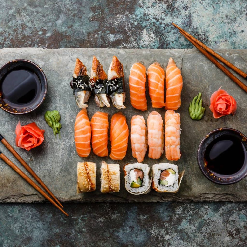 Japanese sushi on a stone platter