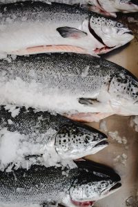 Sushi grade salmon displayed on ice at a fish market.